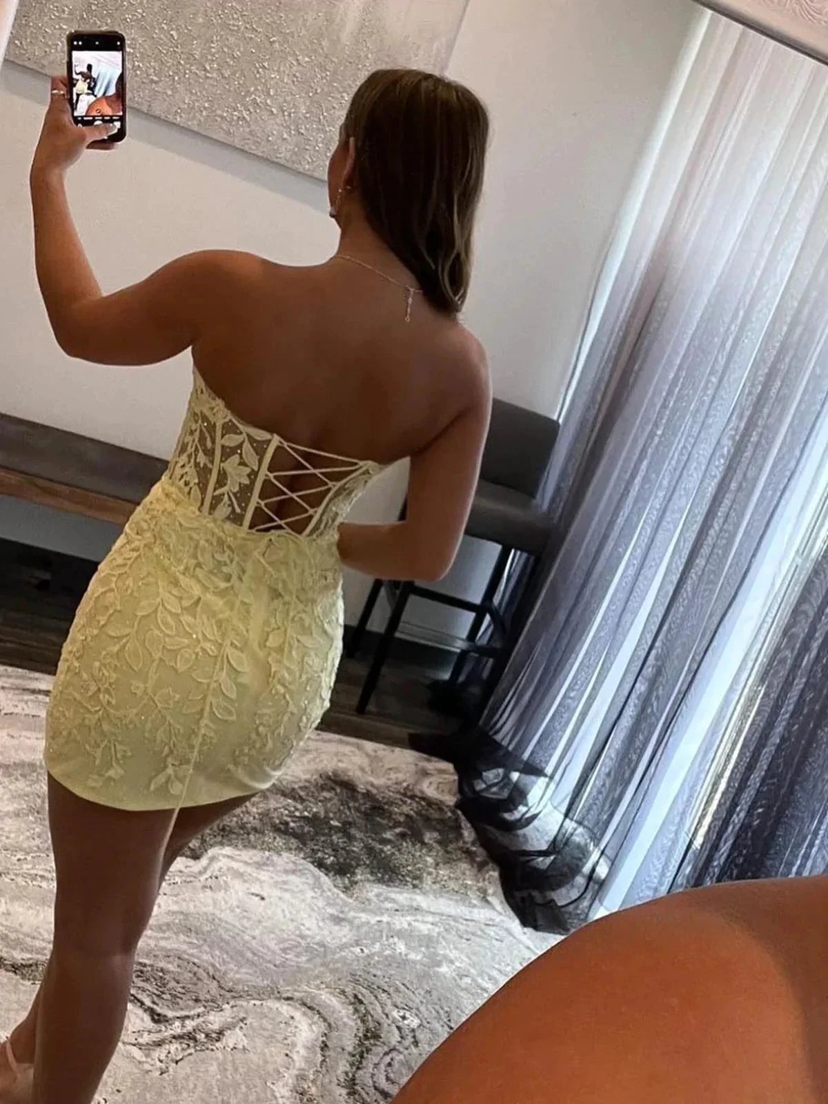 Short Mermaid Sweetheart Lace Prom Dress Yellow Homecoming Dresses