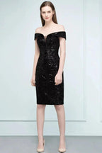 Short Sequined Sheath Off-shoulder Black Prom Dresses