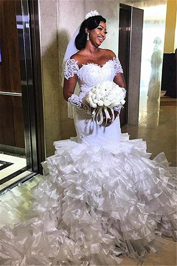 Short sleeves Off-the-Shoulder Mermaid Wedding Dress with Ruffles Train