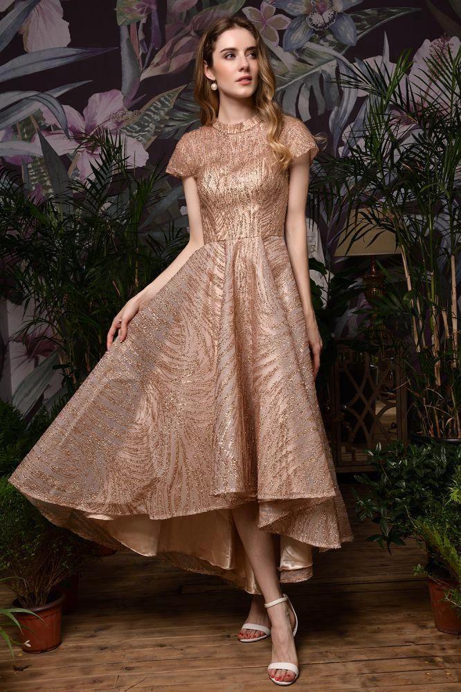 Short Sleeves Sequins Beading Hi-Lo Cocktail Dress