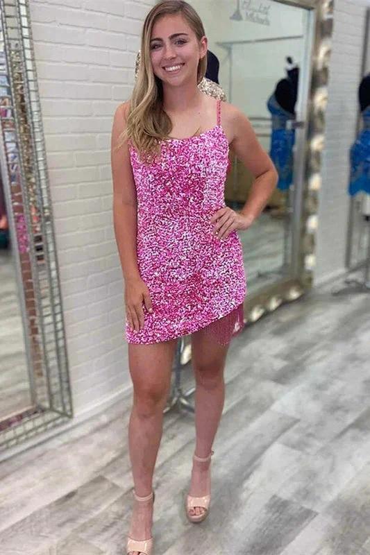 Short Spaghetti Straps Sleeveless Sequined Prom Dresses