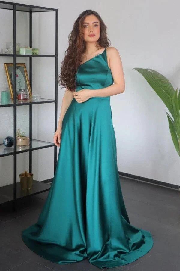 Simple A-line One Shoulder Satin Long Prom Dress