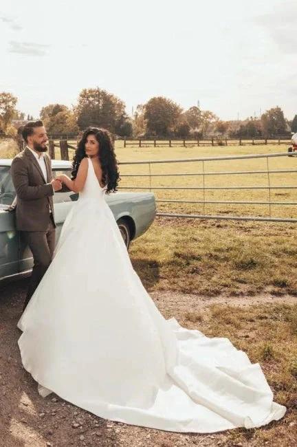 Simple A-line Satin Sleeveless Wedding Dress With Side Slit