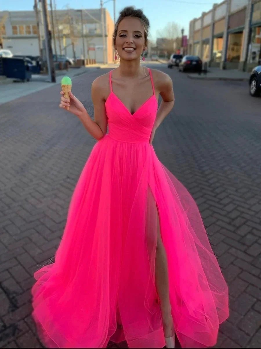 Simple A Line V Neck Tulle Spaghetti Straps Long Prom Dresses with High Split