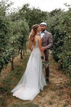 Simple Boho A-line V-neck Backless Sleeveless Wedding Dresses With Lace
