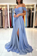 Simple Long A-line Off The shoulder Glitter Prom Dress with Slit