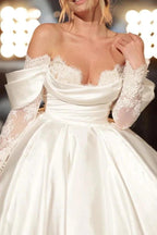 Simple Long A-line Off-the-shoulder Princess Satin Lace Wedding Dresses With Long Sleeves