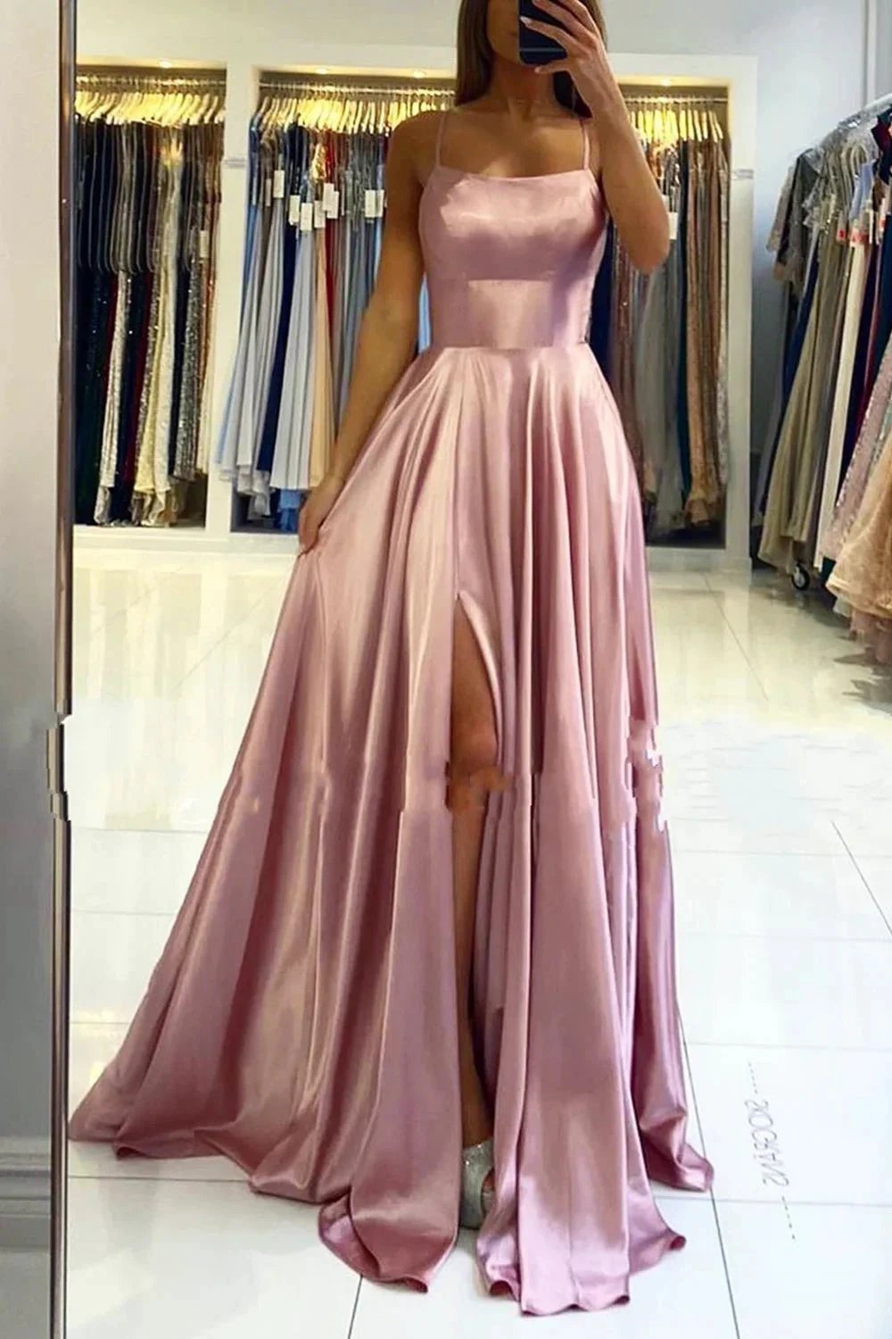 Simple Long A-line Spaghetti Straps Open Back Prom Dress with Slit