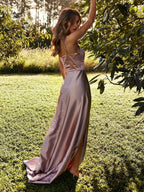 Simple Long A-line Spaghetti Straps Satin Open Back Prom Dresses with Leg Slit