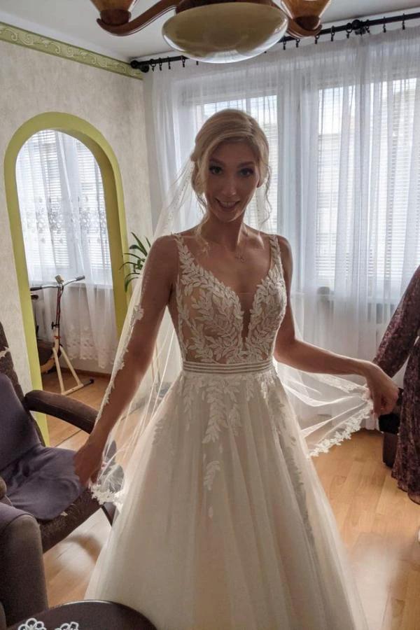 Simple Long A-line V-neck Open Back Tulle Lace Wedding Dress