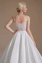 Simple Long A-line V-neck Satin Wedding Dress with Appliques Lace