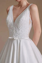 Simple Long A-line V-neck Satin Wedding Dress with Appliques Lace