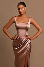 Simple Long Mermaid Straps Satin Sleeveless Formal Prom Dress With Slit