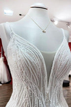 Simple Long V-neck Sequins Ruffles A-line Tulle Backless Wedding Dress