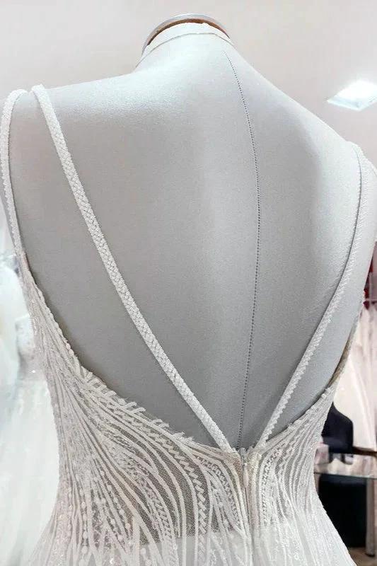 Simple Long V-neck Sequins Ruffles A-line Tulle Backless Wedding Dress