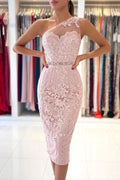 Simple Mermaid One Shoulder Floral Lace Short Formal Party Dress