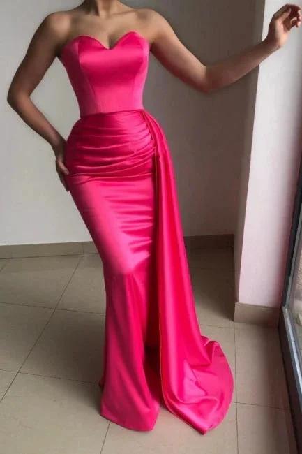 Simple Pink Strapless Sleeveless Mermaid Elastic Woven Satin Prom Dresses with Ruffles