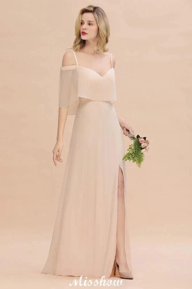 Simple Spaghetti Straps Tiered Bridesmaid Dresses | Side Slit A-Line Sleeveless Evening Maxi Dresses