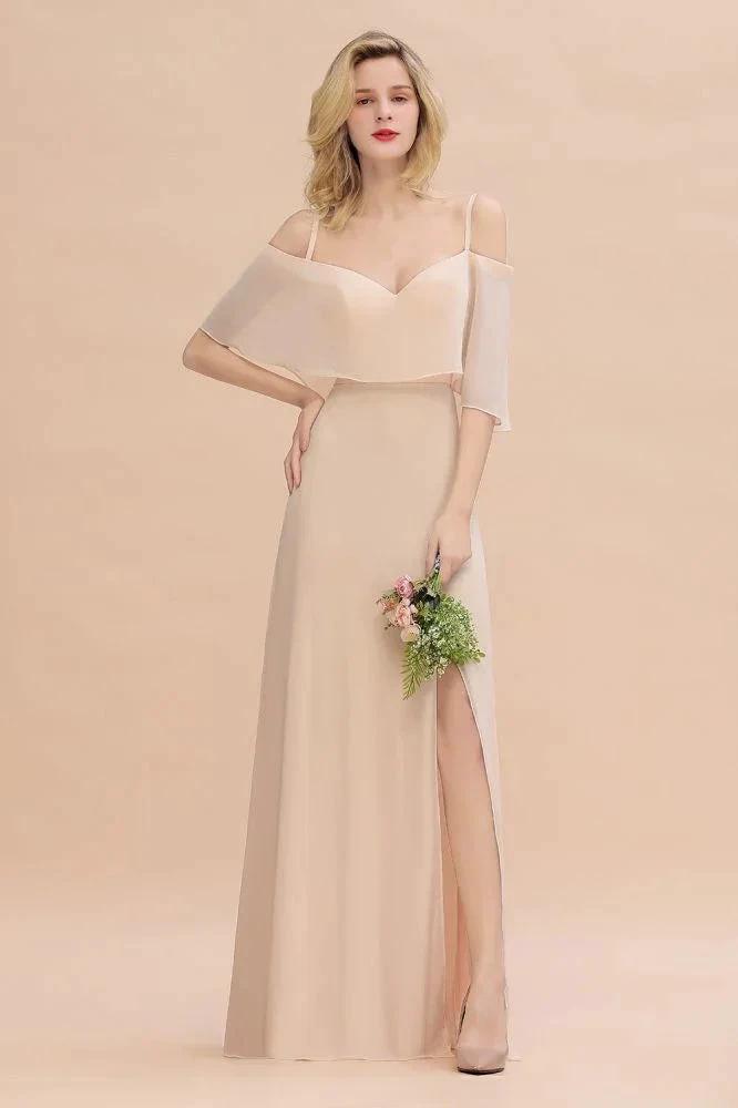 Simple Spaghetti Straps Tiered Prom Dresses | Side Slit A-Line Sleeveless Evening Dresses