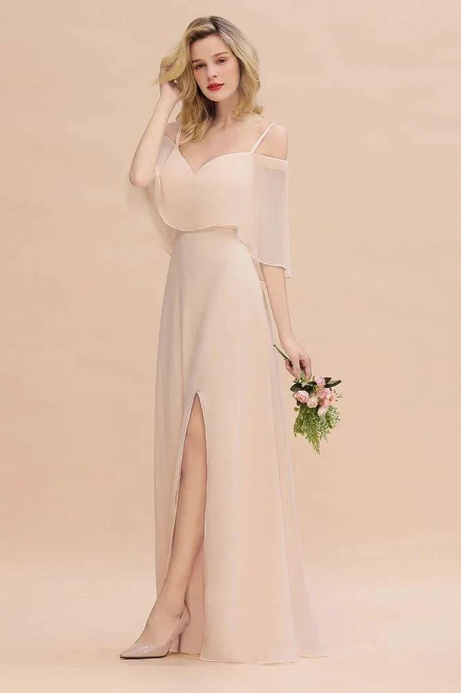 Simple Spaghetti Straps Tiered Prom Dresses | Side Slit A-Line Sleeveless Evening Dresses