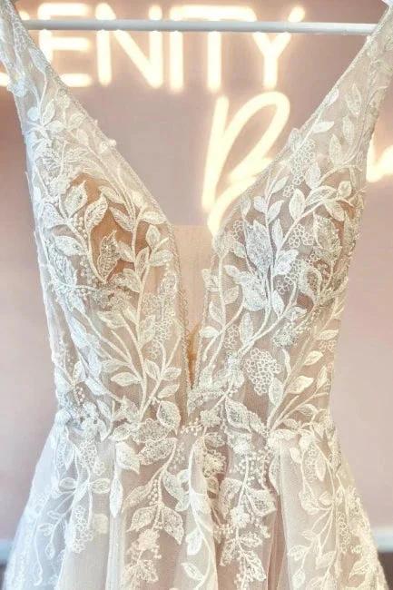 Simple v-neck sleeveless a-line lace Wedding dresses