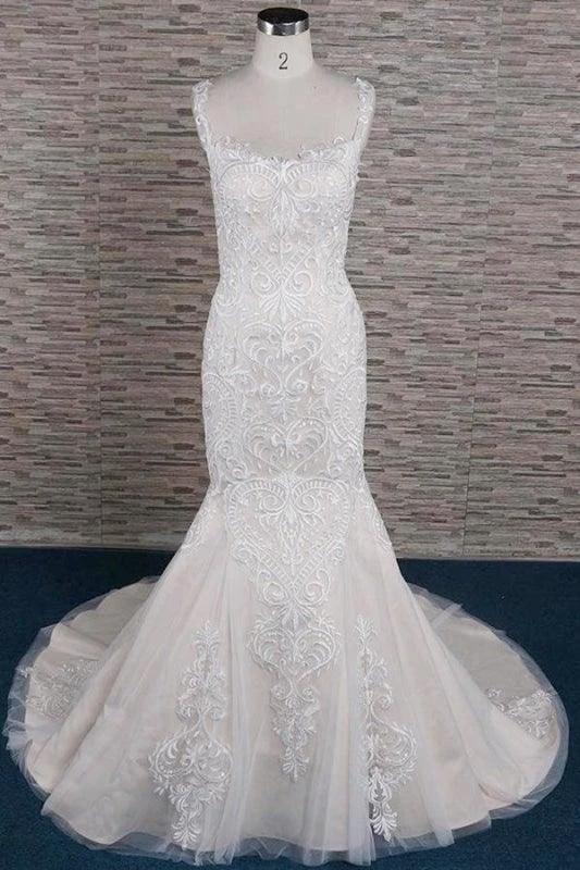 Sleek Square Neck Appliques Pretty Mermaid Elegant Wedding Dresses