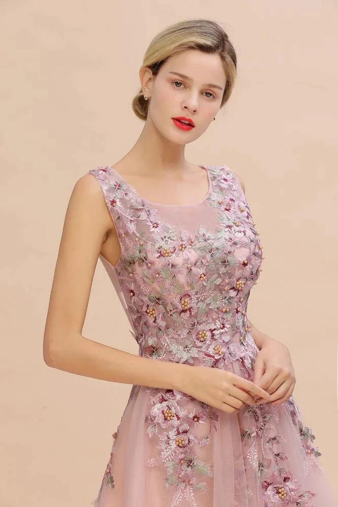 Sleeveless Aline Dusty Pink Long Evening Dress Tulle Lace Appliques Party Dress