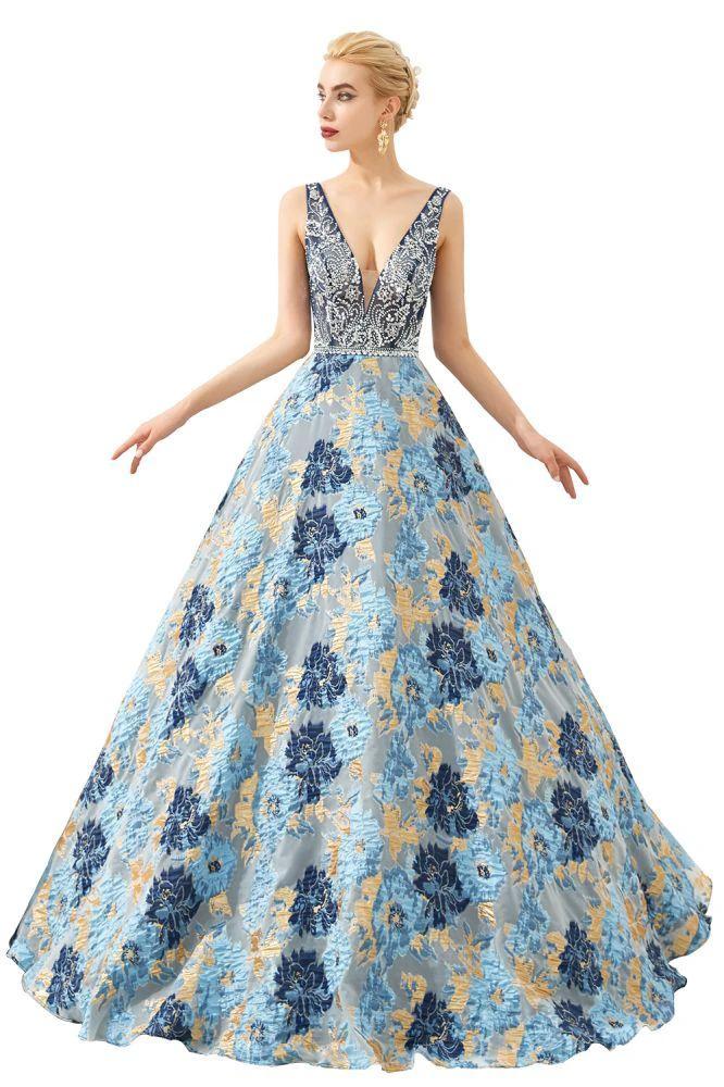 Sleeveless Aline Evening Dress V-Neck Flower Floor Length Prom Dress