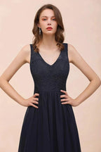 Sleeveless Black A-line Evening Maxi Dress Chiffon Bridesmaid Dress Formal Dress