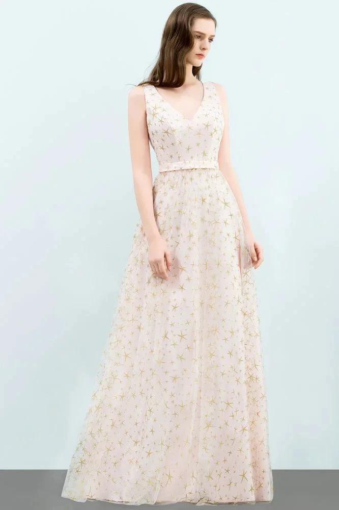 Sleeveless Long A-line V-neck Appliqued Tulle Prom Dresses