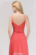 Spaghetti Straps Chiffon Aline Evening Maxi Gown Sleeveless Beading Bridesmaid Dress
