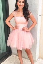 Sparkle Beaded Cap Sleeves Light Sky Blue Homecoming Dress PD314