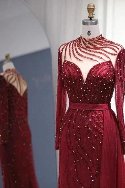 Sparkly Burgundy Long Sleeve Mermaid Prom Dresses Luxious Evening Gowns