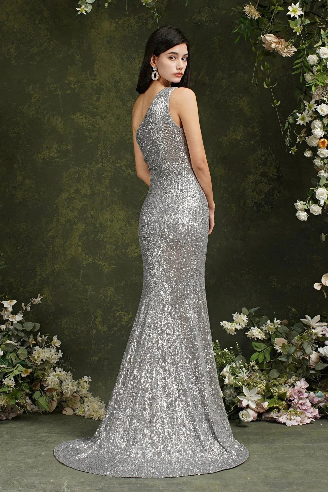 Sparkly One Shoulder Sequins Mermaid Floor-length Bridesmaid/Prom Dress With Side Slit