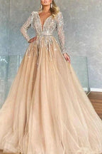 Sparkly V-neck A-line Long Sleeves Ball Gown Prom Dresses With Beads