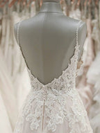 Strap V Neck Beach Wedding Dresses Backless Ivory Tulle Wedding Dress  WD309