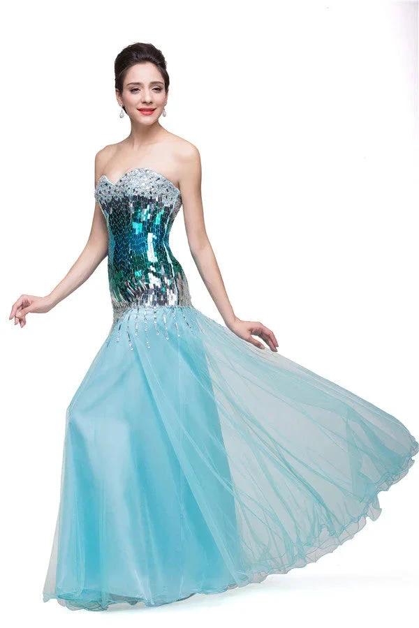 Strapless Floor-length Mermaid Tulle Sequins Porm Dresses