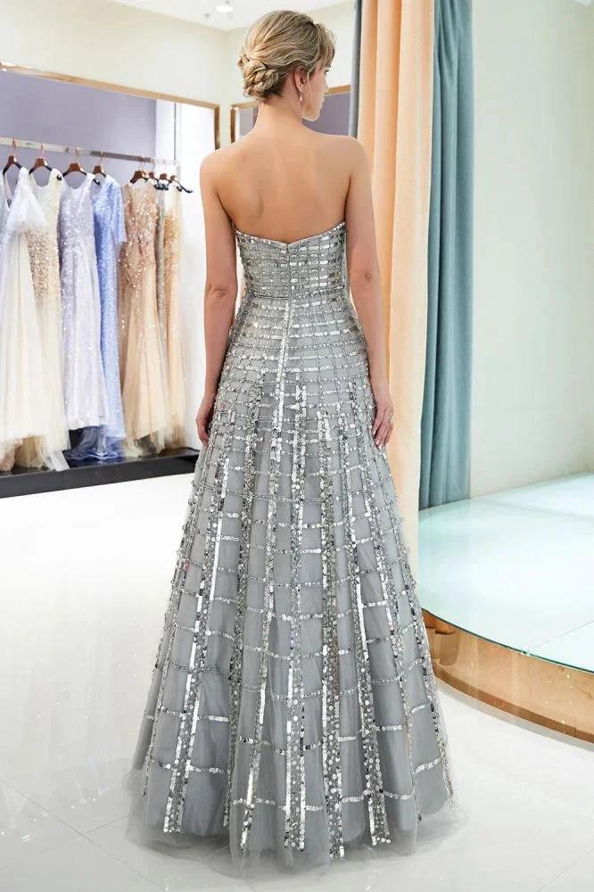 Strapless Sequined Chiffon Party Dress A-line Floor Length Prom Dress