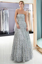 Strapless Sequined Chiffon Party Dress A-line Floor Length Prom Dress