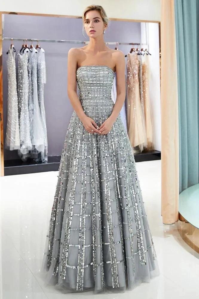 Strapless Sequined Chiffon Party Dress A-line Floor Length Prom Dress