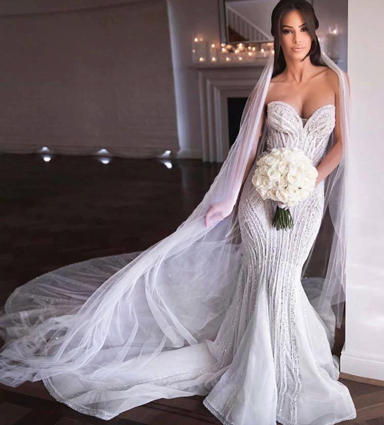 Strapless Sweetheart Beads Mermaid Wedding Dress Appliques Tulle Bridal Wears