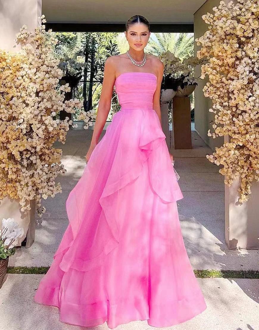 Elisa |Light Pink A Line Strapless Organza Prom Dress