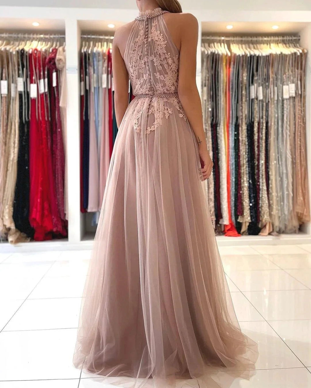 Stunning A-line High Neck Tulle Long Formal Prom Dress with Lace Appliques