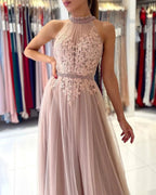 Stunning A-line High Neck Tulle Long Formal Prom Dress with Lace Appliques
