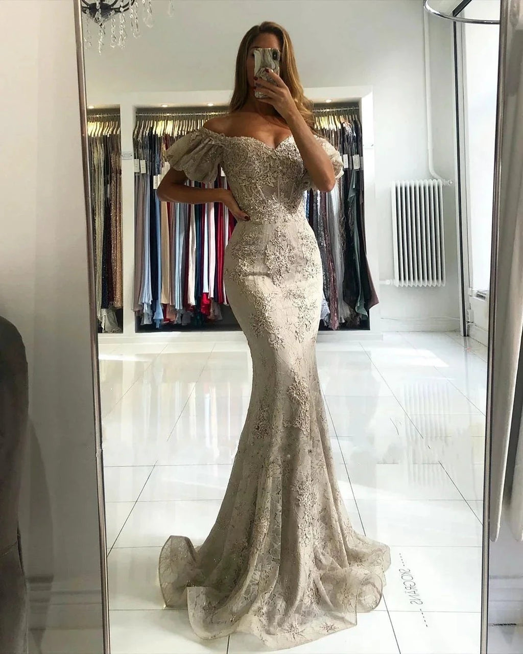 Stunning Long Off-the-shoulder Lace Mermaid Prom Dress with Puffy Sleeves