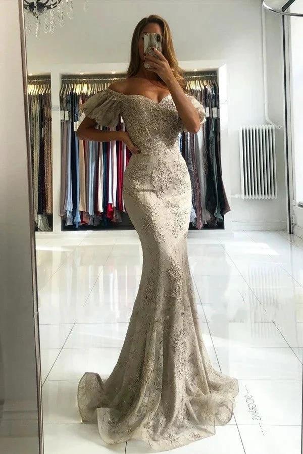 Stunning Long Off-the-shoulder Lace Mermaid Prom Dress with Puffy Sleeves