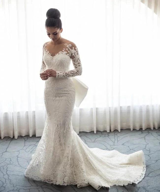 Stunning Mermaid Lace Bowknot Wedding Bride Dress Detachable Overskirt Sleeve Bridal Dress