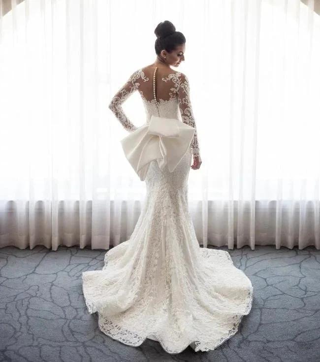Stunning Mermaid Lace Bowknot Wedding Bride Dress Detachable Overskirt Sleeve Bridal Dress