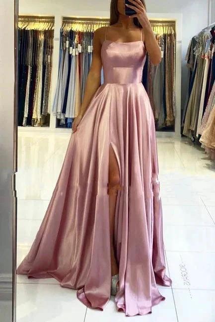 Stunning Spaghetti Straps Satin Evening Dress with Side Slit