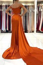 Stunning Stretch Satin Off Shoulder Evening Gown with Side Slit Detachable Train